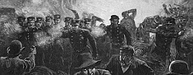 a section of a black and white print of the Haymarket Riot from the May 15th, 1886 Harpers Magazine