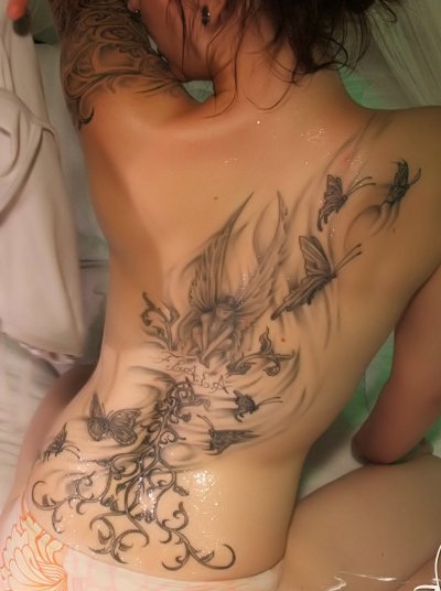Floral Tattoo on Back and Arm Sleeves of Sexy Girl