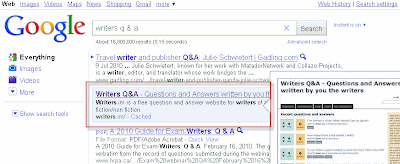 screen shot of google search placing for writers q and a