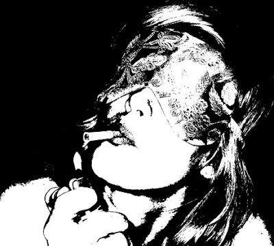 BLACK AND WHITE photo of girl lighting a cigarette blind folded