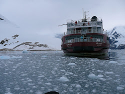 Debris Ice from calving glacier closing in on Polar Star, Neko Harbor