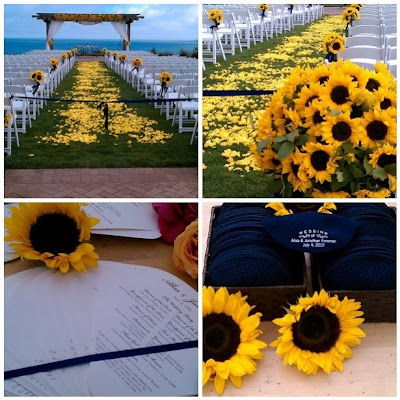 The bride walked down an aisle of scattered yellow petals with sunflower 