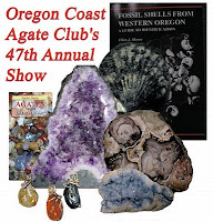 Photo of the Oregon beachcombers books (Agates of the Oregon Coast (pocket guide) and the Fossils of Western Oregon)among the following items of wire wrapped agate pendants, an Oregon fossil pectin shell, Oregon Petrified Wood, Brazilian Amethyst geode and a celestite crystal cluster