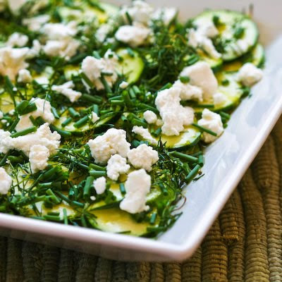 raw zucchini salad (zucchini carpaccio) with lemon, herbs, and goat cheese (low-carb, gluten-free)