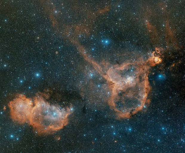 A beautiful view of IC 1805, the Heart Nebula and IC 1848