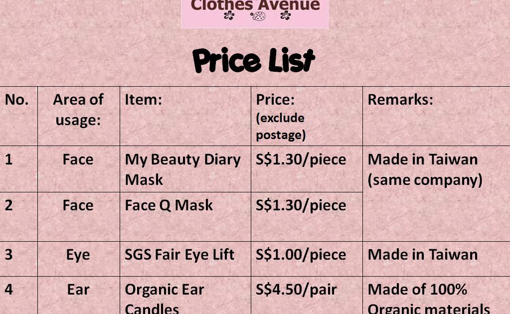 Clothes Avenue Price List