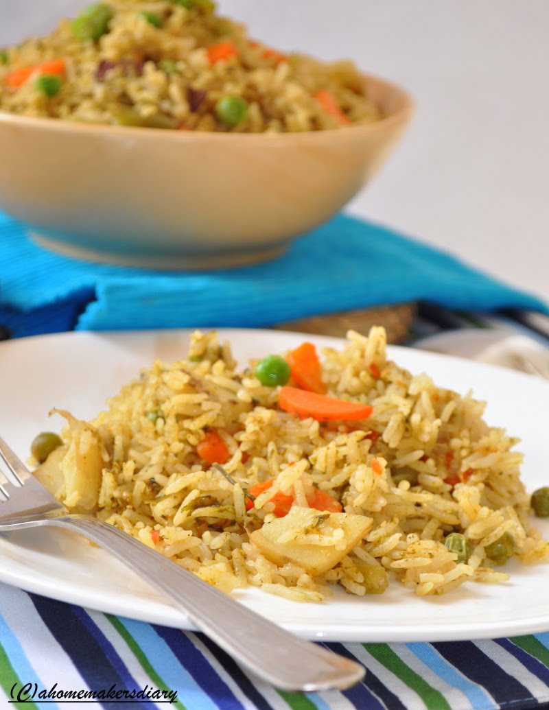 Quick Coriander and vegetable Pulao A Homemaker's Diary