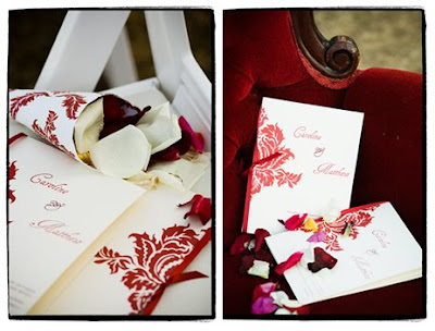 Handmade paper cones filled with red and white rose petals were given to 