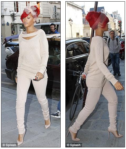 rihanna-red-hair-beehive-bow.jpg. Rihanna and her baseball star boyfriend. Head to toe taupe: Every item of her clothing, including her hair bow,