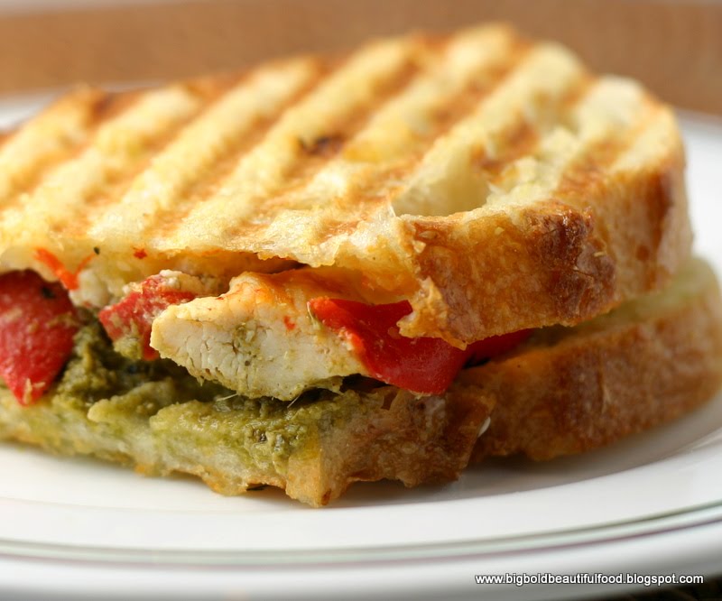 Big, Bold, Beautiful Food Grilled Chicken Panini with Roasted Red Peppers, Pesto and Garlic