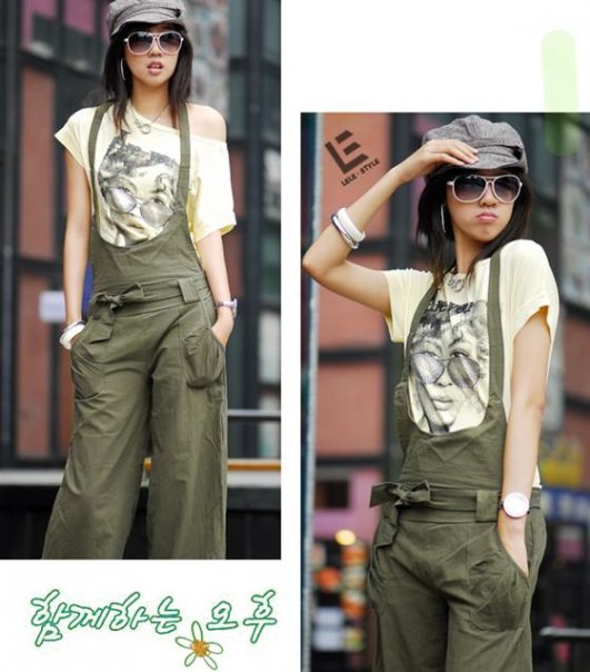 T07 Back-Tied Straps Overalls Pyjamas - Army Green