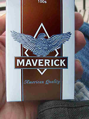 an empty box of American-quality Maverick cigarettes I found at Starbucks