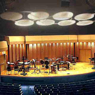 The stage of Zipper Hall filled with percussion prior to the concert