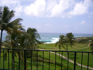 a view of a golf course from a balcony