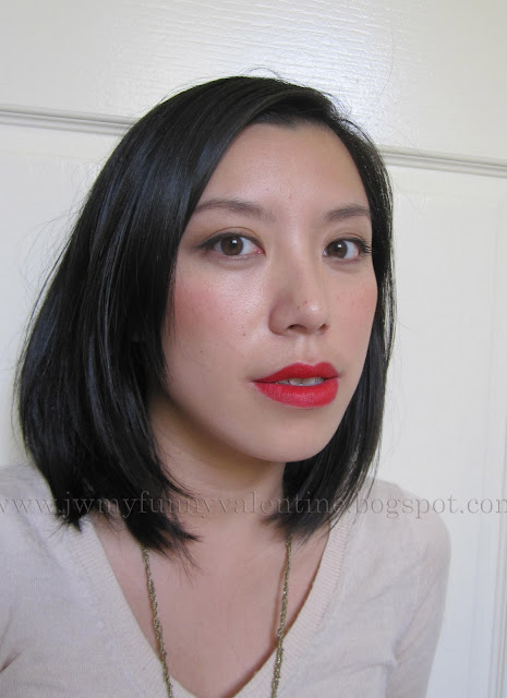 Me wearing Lipstick Queen Red Sinner, Laura Mercier satinee creme colour in Rum Satin, and MAC Gingerly blush