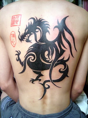 Black Tribal Dragon Tattoo on Back