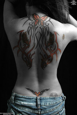 Female Back Body Tribal Tattoo with Butterfly Tattoo