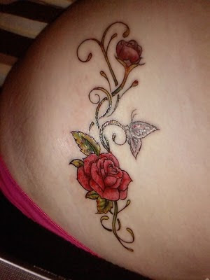 Red Rose Flower Tattoo with Butterfly Tattoo