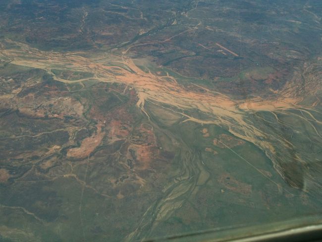 An aerial view of the Thompson River in flood near Stonehenge in western 