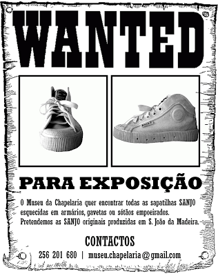 cartaz com duas imagens da sapatilha sanjo branca e com pedido de procura