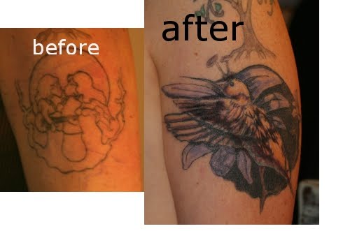  to get a healed photograph the hummingbird covering her "hippie" tattoo.