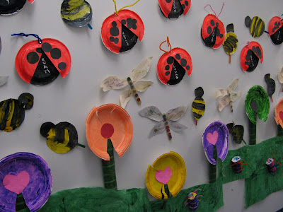 Preschool spring bulletin board, ladybugs, flowers, bumblebees, paper plates, insects