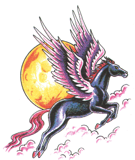 cavalo alado negro com lua ao fundo