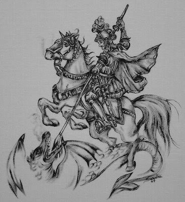 tattoo desenhos. Desenho de São Jorge em preto e branco