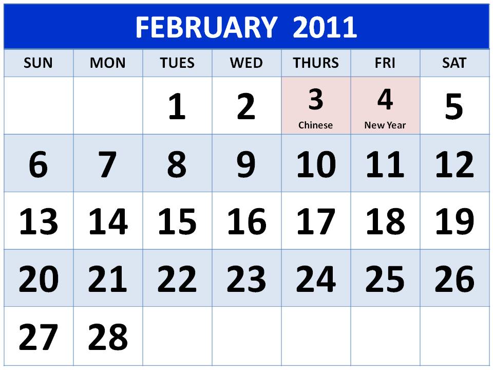 Big Singapore 2011 February Calendar with Holidays (PH)