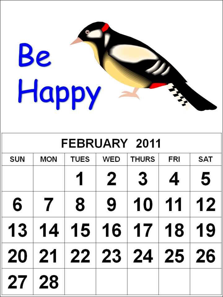 Free Homemade Calendar 2011 February cute cartoon bird animal