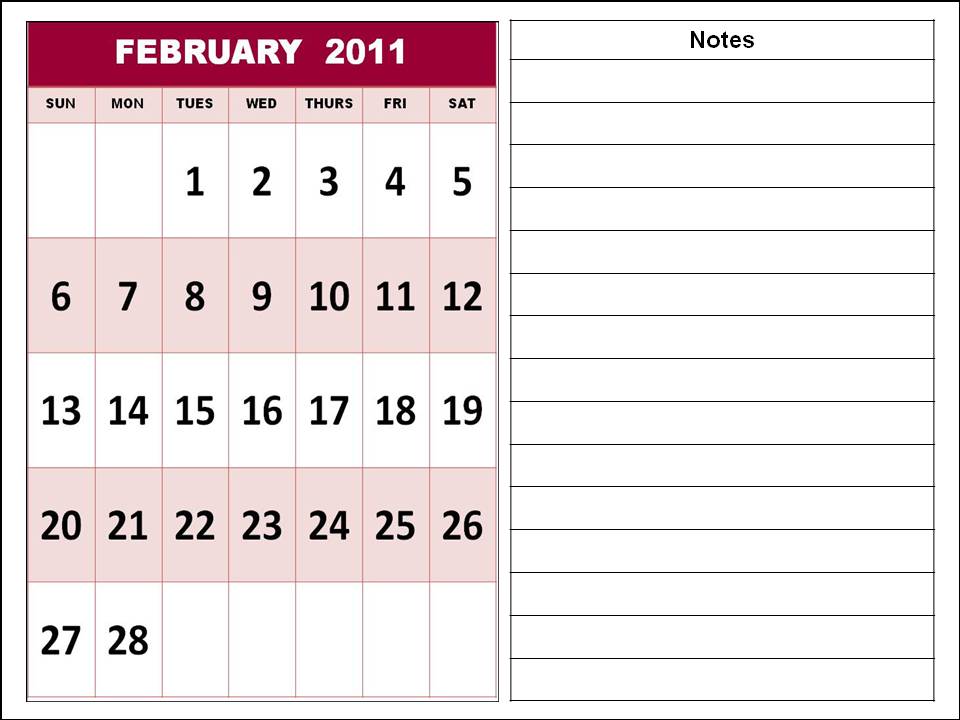 Homemade Printable Calendar 2011 February with notes Homemade Printable Calendar 2011 February with notes