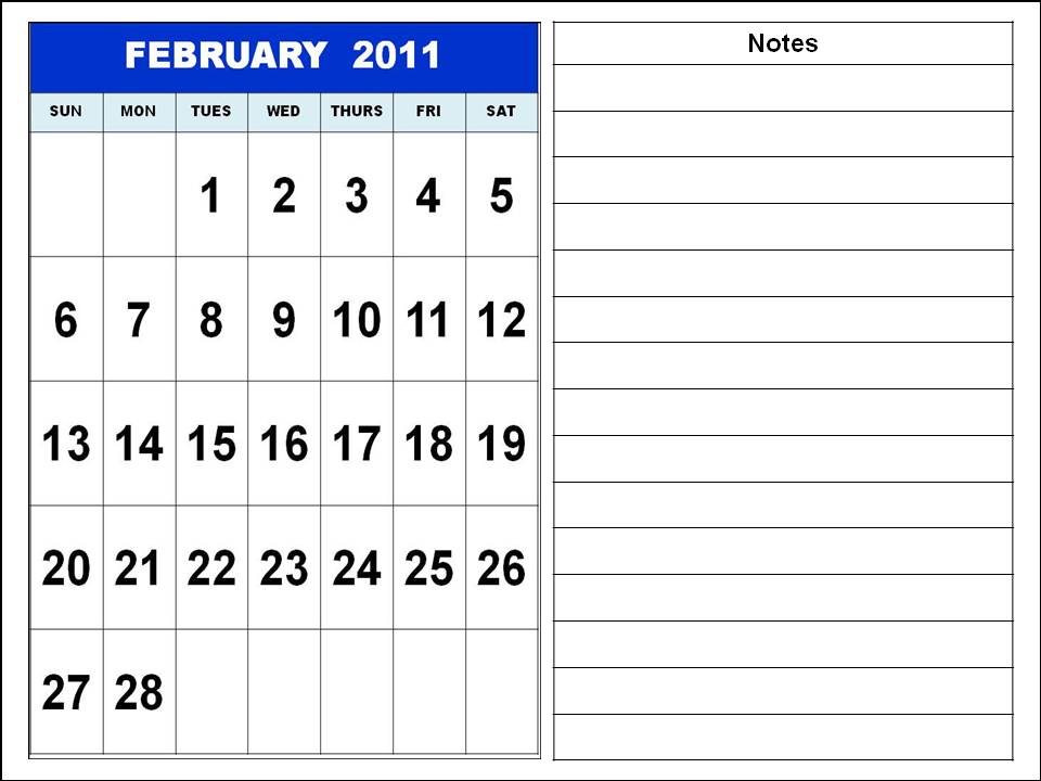 Homemade Printable Calendar 2011 February with notes Homemade Printable Calendar 2011 February with notes
