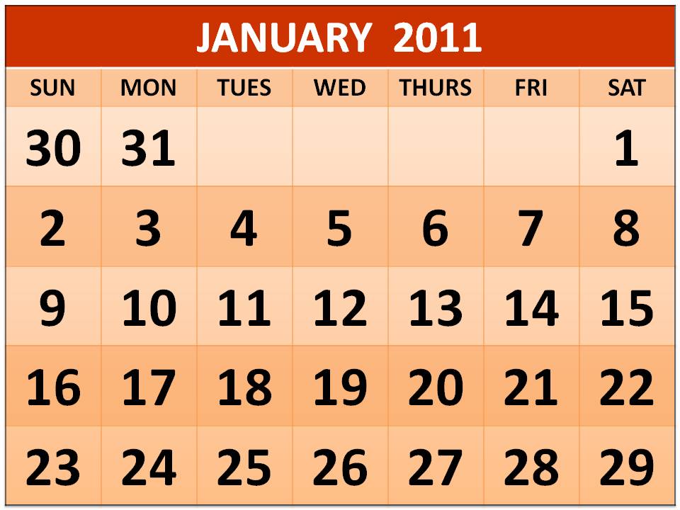 January calendar 2011 in word