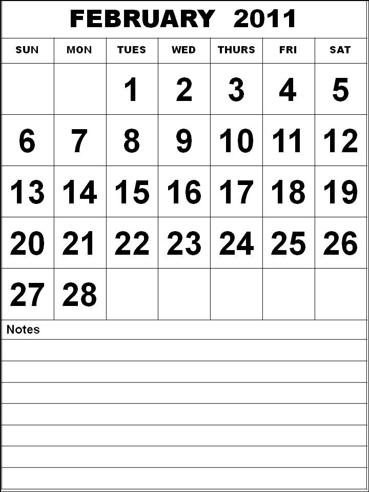 Printable February 2011 Calendar with big fonts and notes