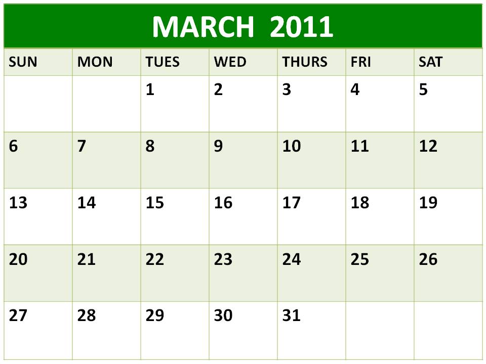 calendar for 2011 march. Blank Calendar 2011 March or