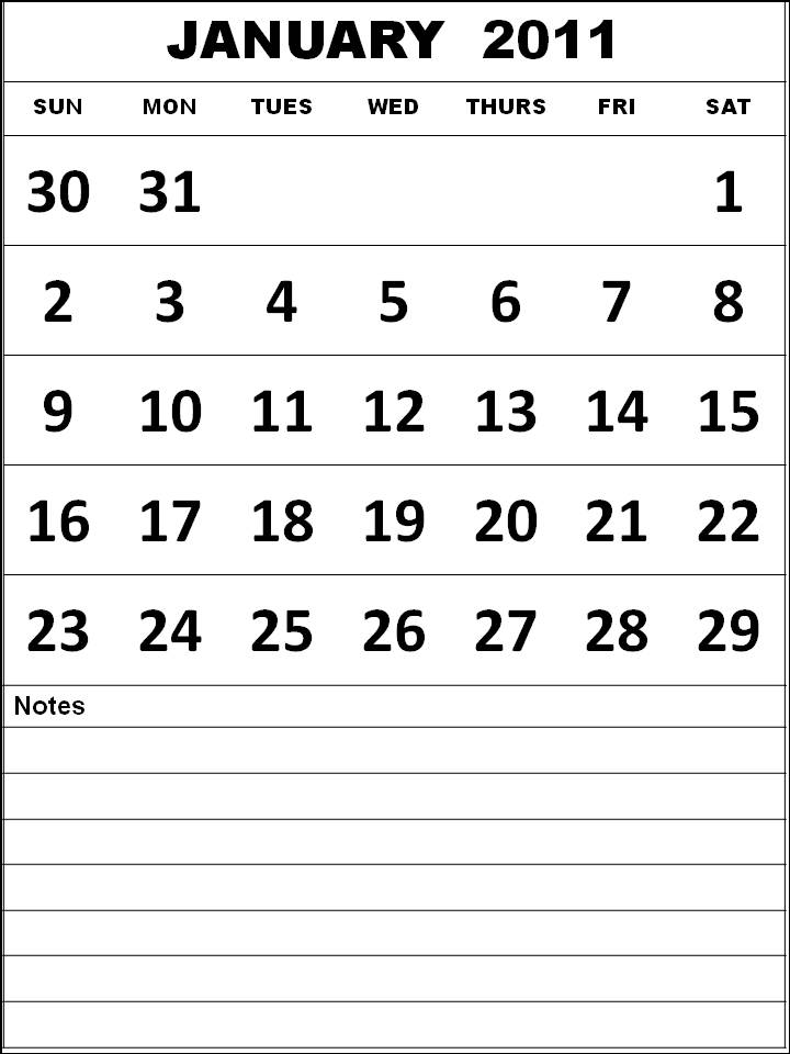 January 2011 Printable Calendar Template