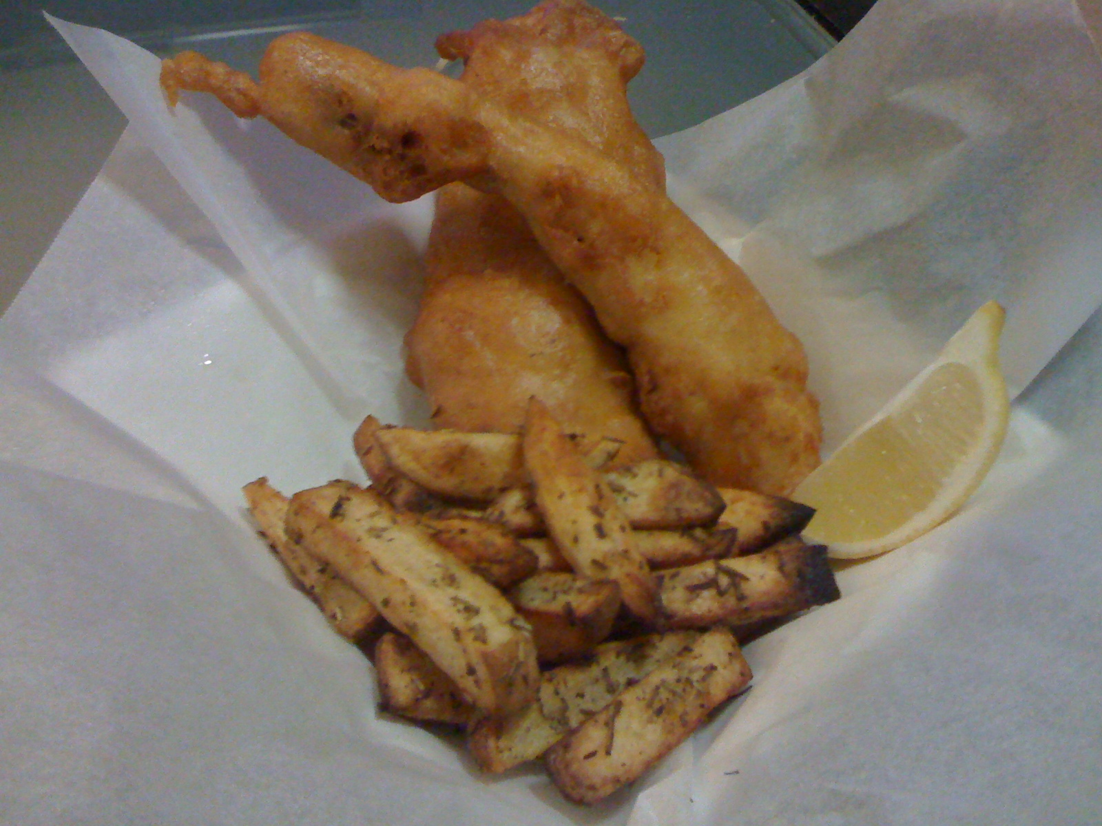 Yummy Mungbean Beer Battered Red Snapper, OvenBaked Chips with