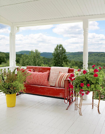 The Chicer Antiquer Red Porch Swing And Geraniums
