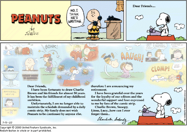 February 13 2 copies of the last Peanuts comic strip by Charles Schulz 2000