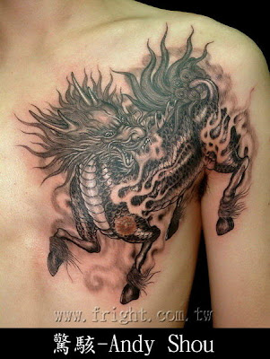 Kylin tattoo design on the chest by Andy Shou