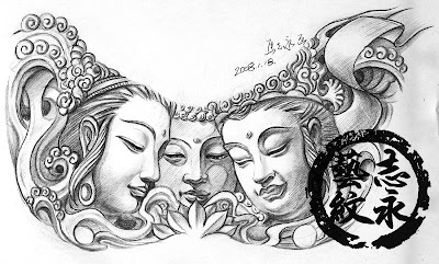 Buddha tattoo flash with three faces