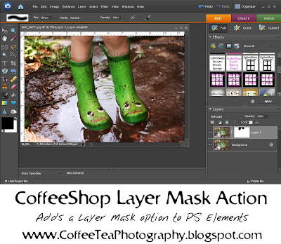 Here is the CoffeeShop Layer Mask action for Photoshop Elements.