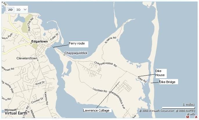 Annotated map highlighting key locations on Chappaquiddick Island