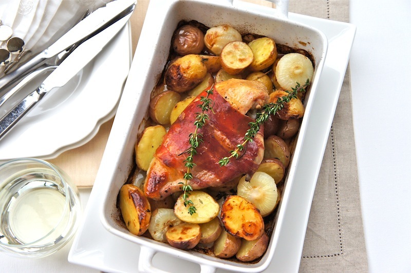 Roasted White Wine Chicken with Prosciutto, Potatoes, and Onions