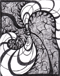 Surreal, automatic (stream of consciousness) abstract ink drawing