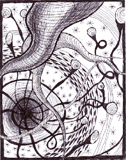 Surreal, automatic (stream of consciousness) abstract ink drawing