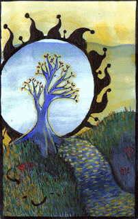 Surreal, automatic (stream of consciousness) ink and watercolor drawing of landscape, tree, sun, snakes in the grass
