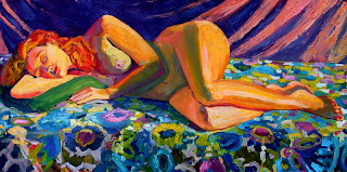 Figurative oil painting of sleeping nude on flowered bedspread