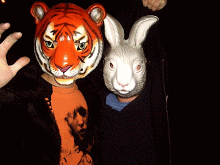 Ryan Cano and Paul Waclawsky in tiger and rabbit costume for The Boxing Lesson party