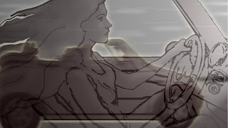 blended view of car and female driver in profile from animation still
